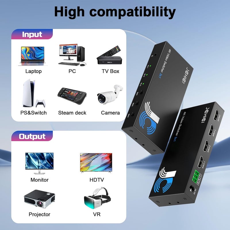 JCHICI مفتاح HDMI 3 في 1 خارج 4K@60Hz، محول HDMI 3 منافذ مع جهاز تحكم عن بعد، يدعم HDCP 2.2 HDR 10+ Dolby Vision/Atmos 18Gbps CEC لتلفاز آبل، ألعاب الكمبيوتر، PS4 5 برو، إكس بوكس، روكو - Image 4